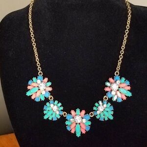 J Crew Pink Blue Rhinestone Flower Necklace